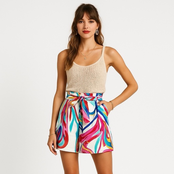 PatBo Floral High Waist Short White Blue Pink Watercolor Boho Cotton - Picture 1 of 9